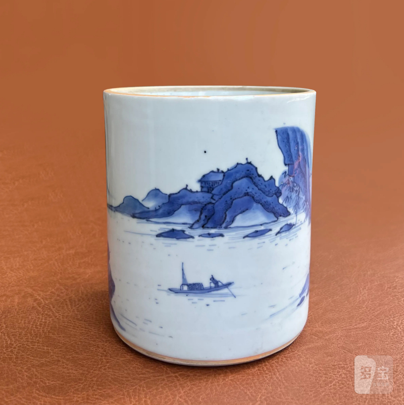 明 青花山水人物纹笔筒 - 图3